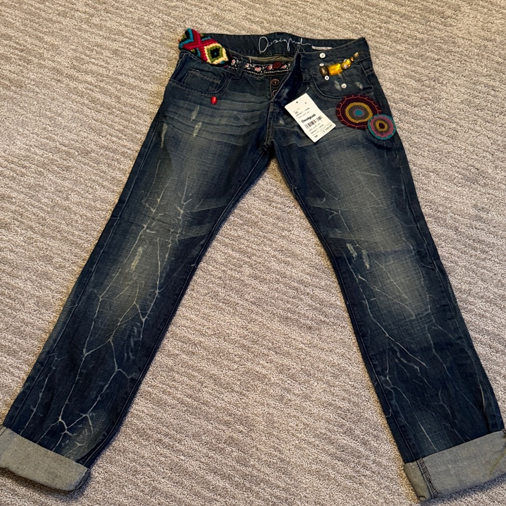 Desigual Dark Wash Jeans with Colorful Embroidery